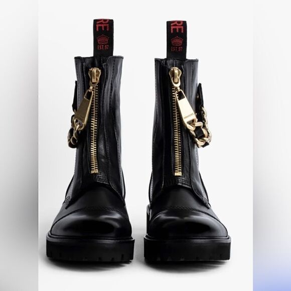 Zadig & Voltaire Joe Cecilia leather combat moto boots with gold chain New - Picture 5 of 16